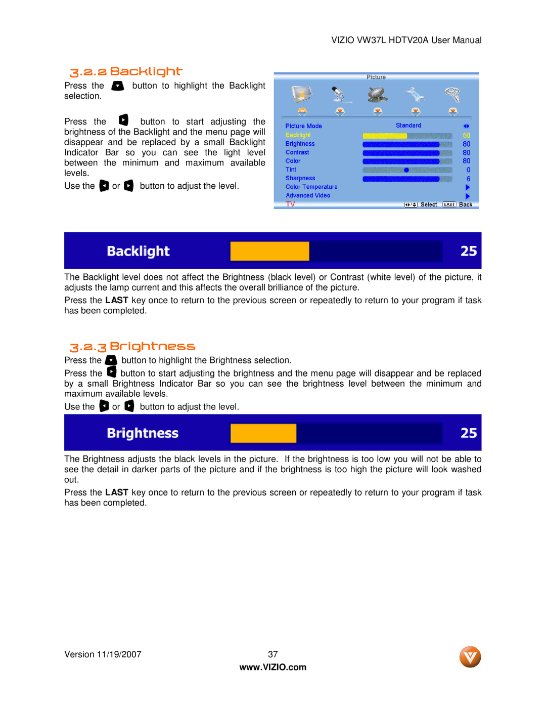 Vizio VW37L HDTV20A user manual Backlight, Brightness 