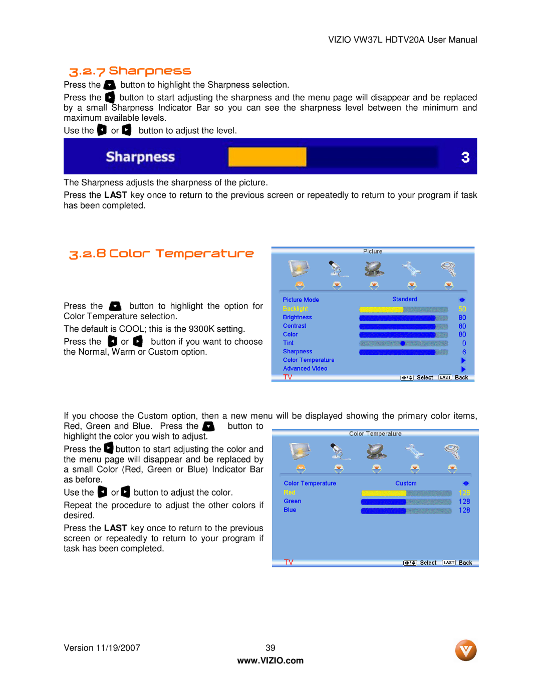 Vizio VW37L HDTV20A user manual Sharpness, Color Temperature 