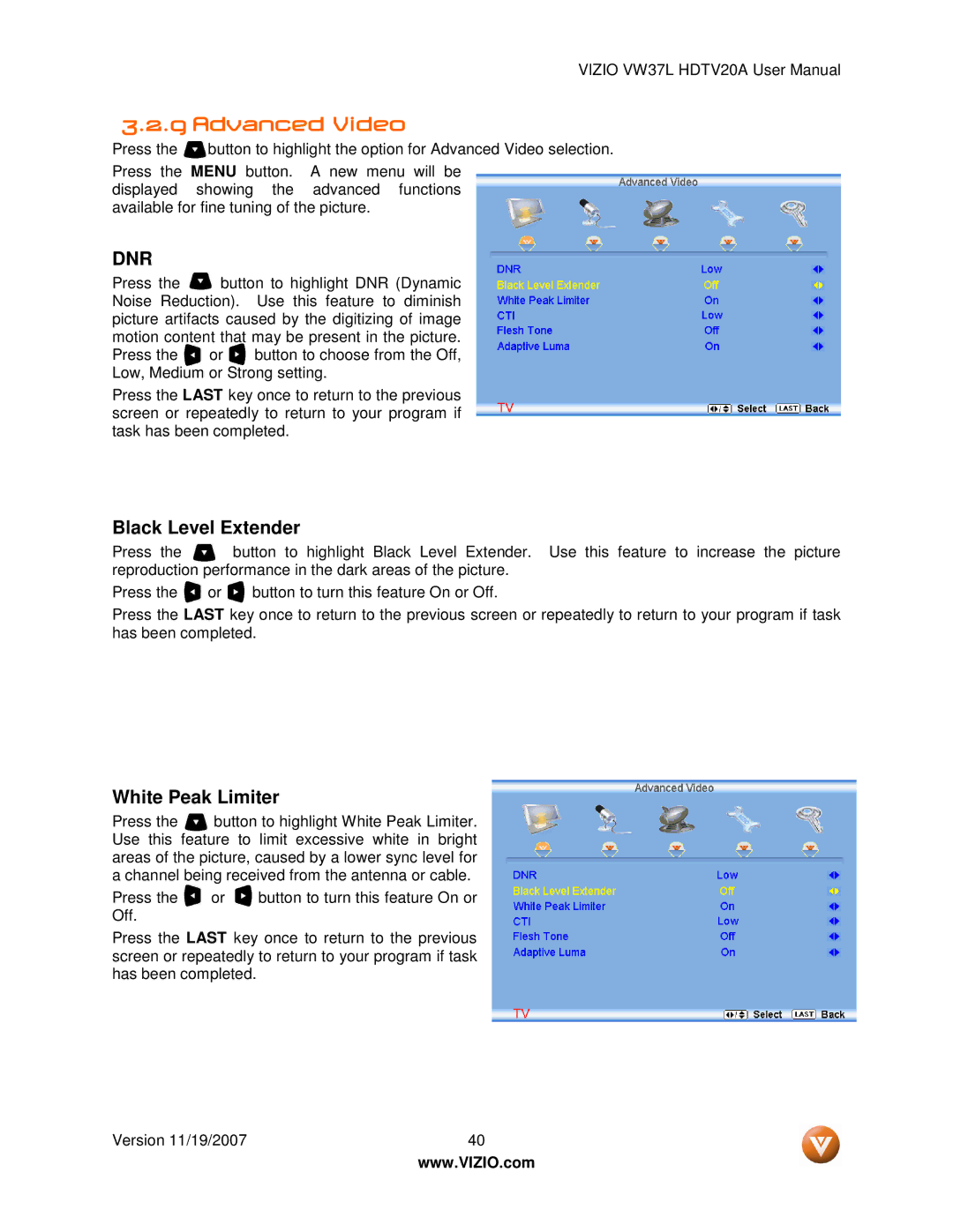 Vizio VW37L HDTV20A user manual Advanced Video, Dnr 