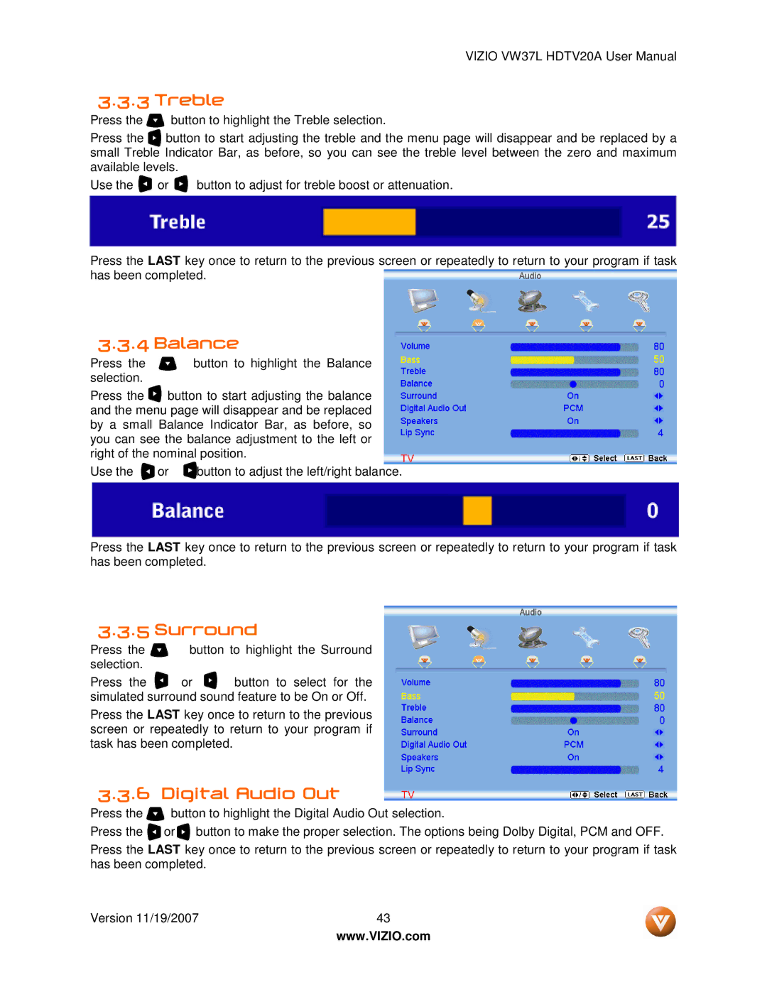 Vizio VW37L HDTV20A user manual Treble, Balance, Surround, Digital Audio Out 