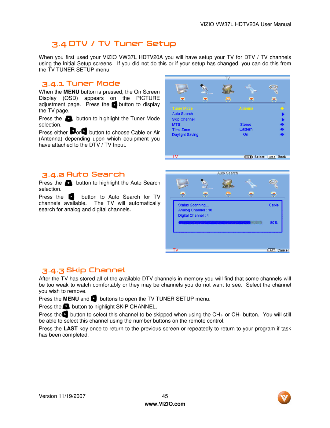 Vizio VW37L HDTV20A user manual DTV / TV Tuner Setup, Tuner Mode, Auto Search, Skip Channel 