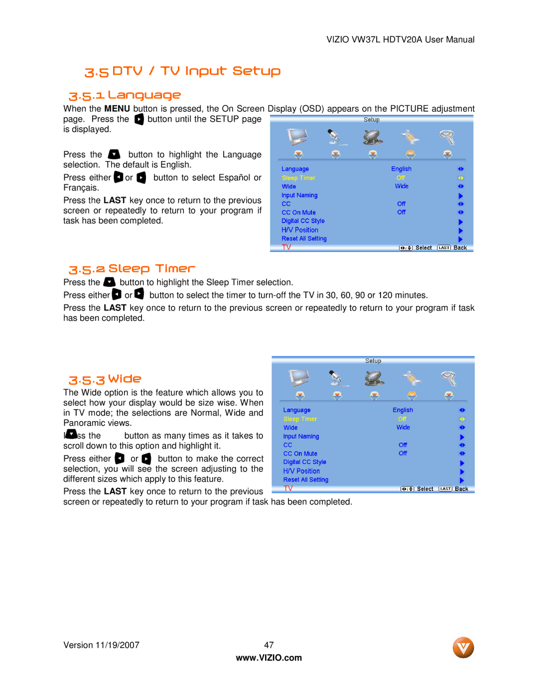 Vizio VW37L HDTV20A user manual DTV / TV Input Setup, Language, Sleep Timer, Wide 