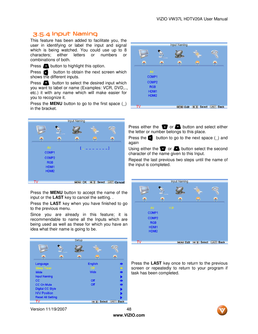 Vizio VW37L HDTV20A user manual Input Naming 