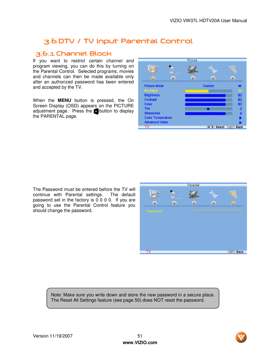 Vizio VW37L HDTV20A user manual DTV / TV Input Parental Control, Channel Block 