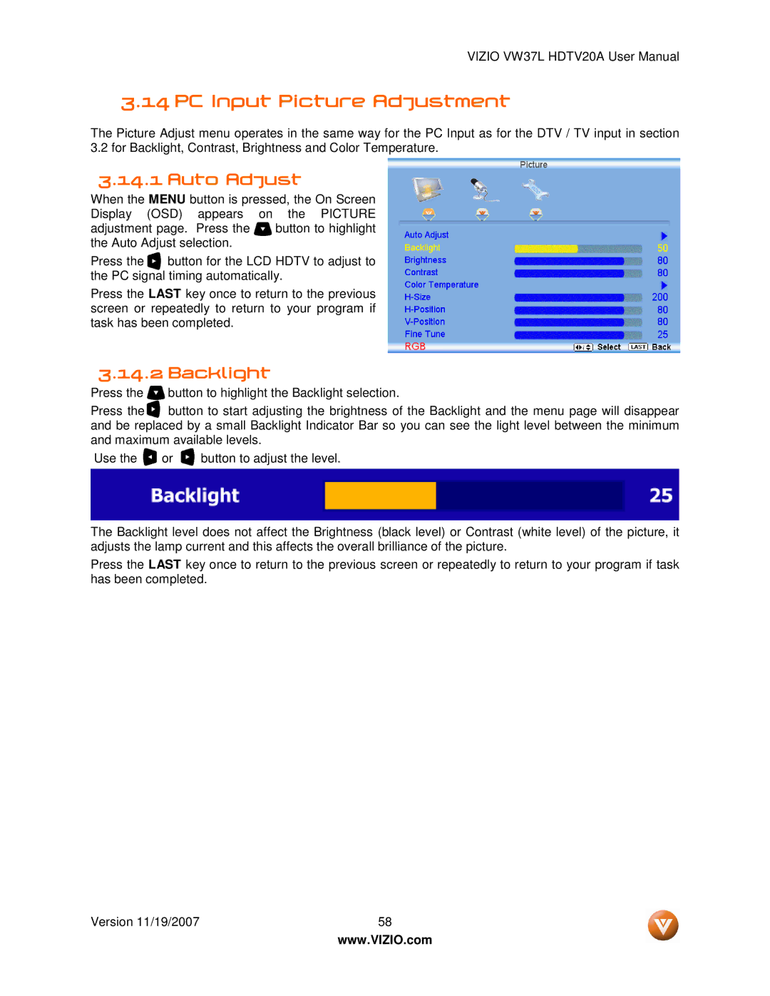Vizio VW37L HDTV20A user manual PC Input Picture Adjustment, Auto Adjust 