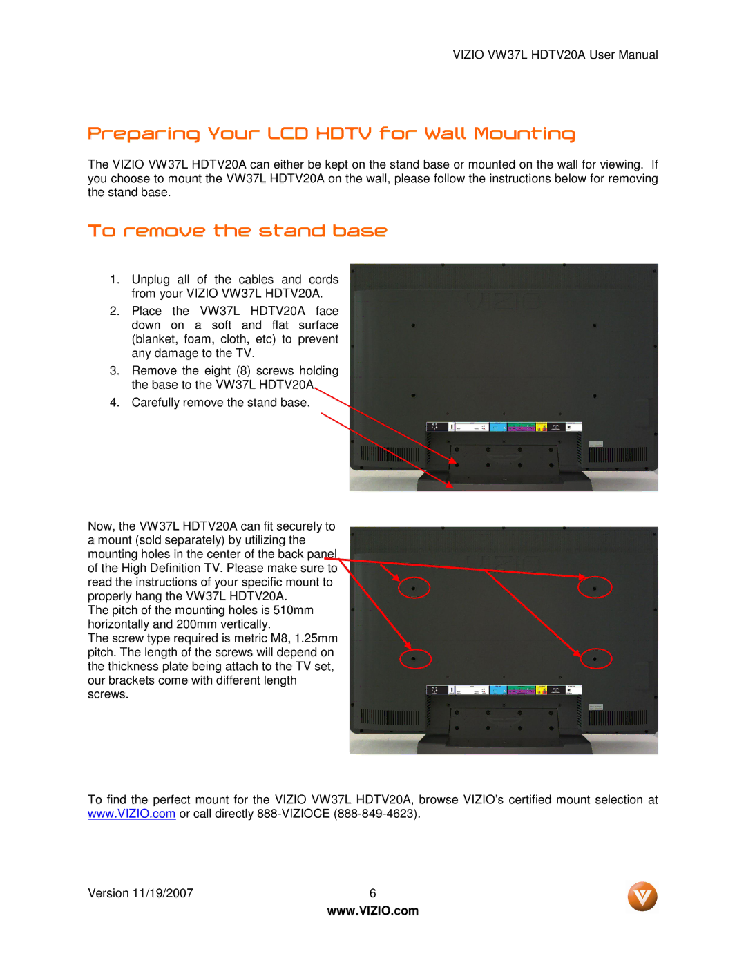 Vizio VW37L HDTV20A user manual Preparing Your LCD Hdtv for Wall Mounting, To remove the stand base 