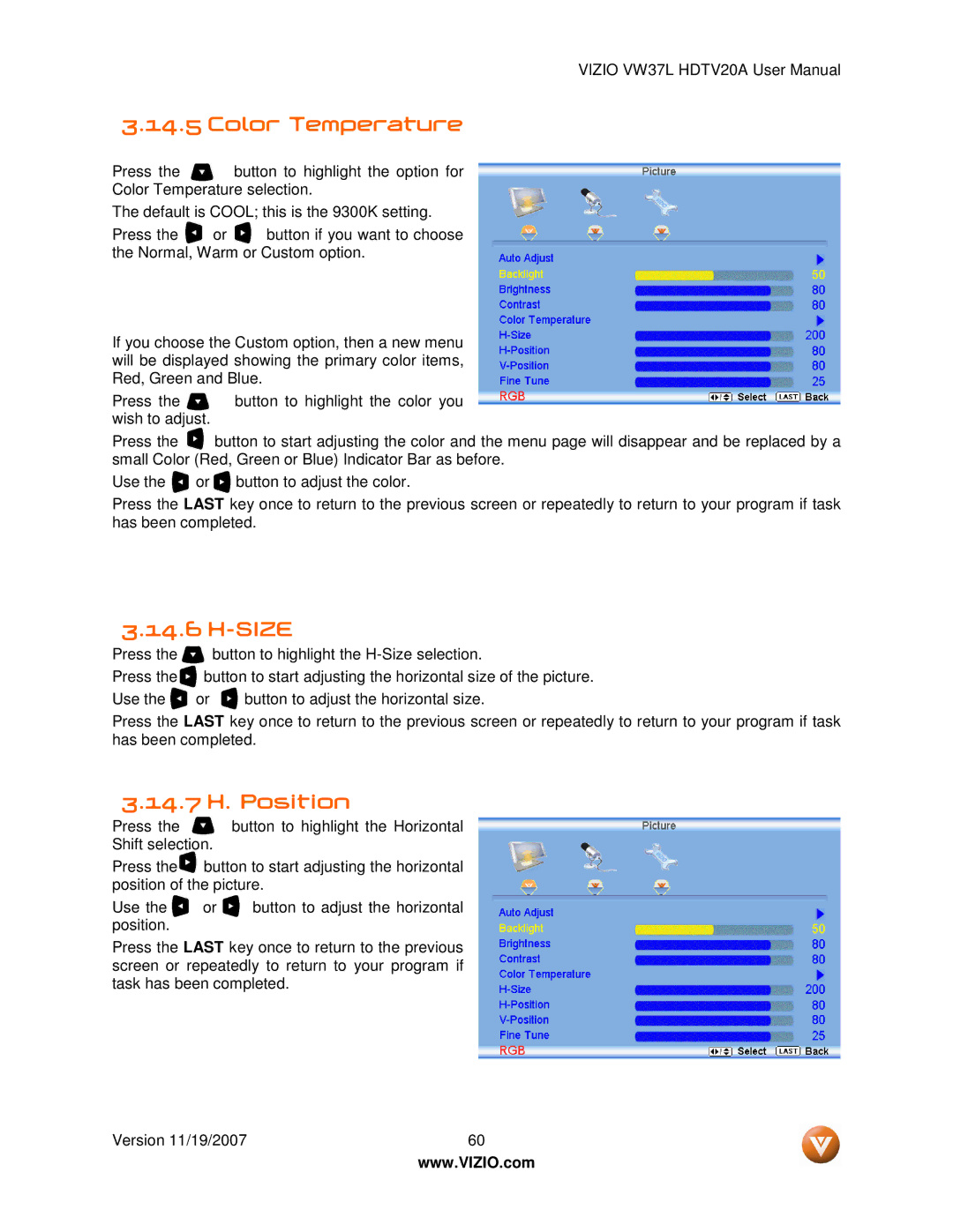 Vizio VW37L HDTV20A user manual Size, 14.7 H. Position 