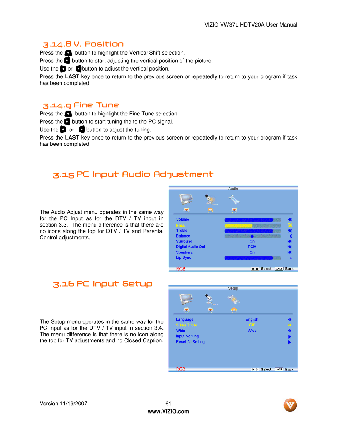 Vizio VW37L HDTV20A user manual PC Input Audio Adjustment, PC Input Setup, 14.8 V. Position, Fine Tune 