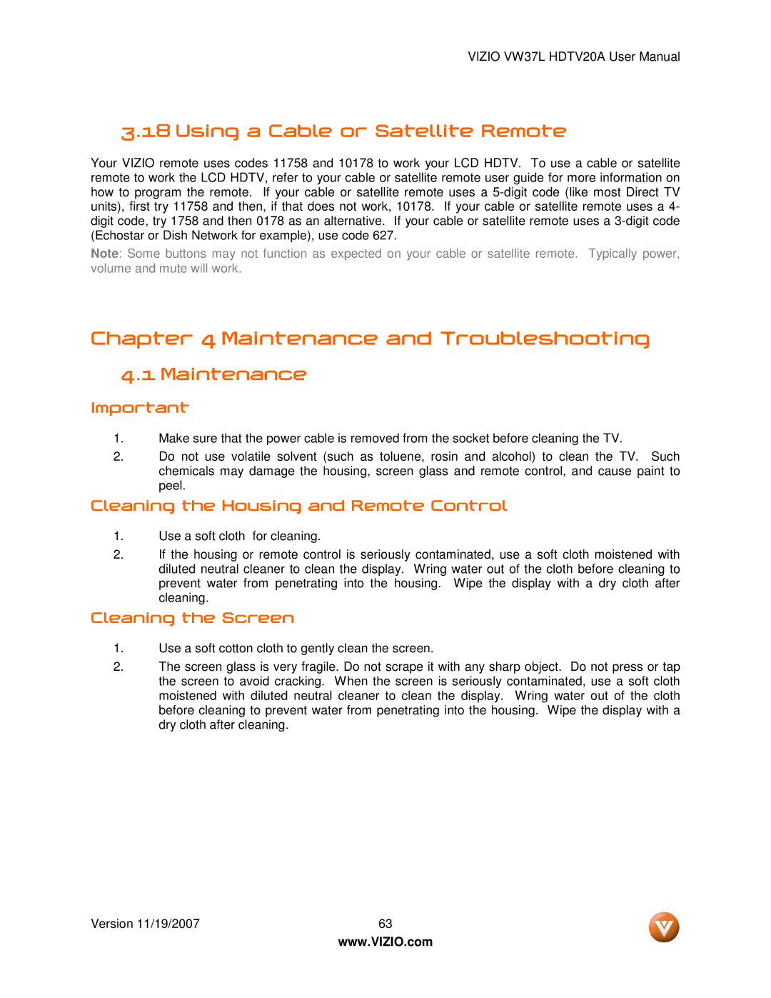 Vizio VW37L HDTV20A user manual Using a Cable or Satellite Remote, Maintenance, Cleaning the Housing and Remote Control 
