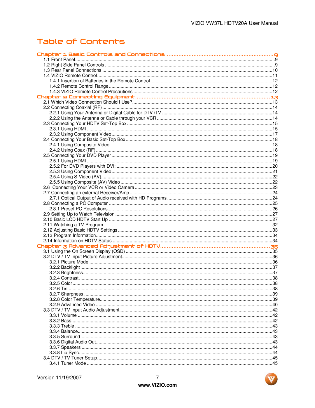 Vizio VW37L HDTV20A user manual Table of Contents 