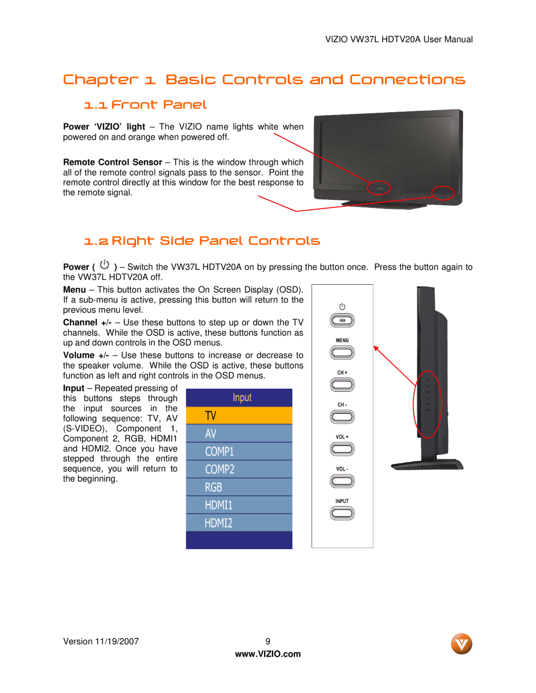 Vizio VW37L HDTV20A user manual Front Panel, Right Side Panel Controls 