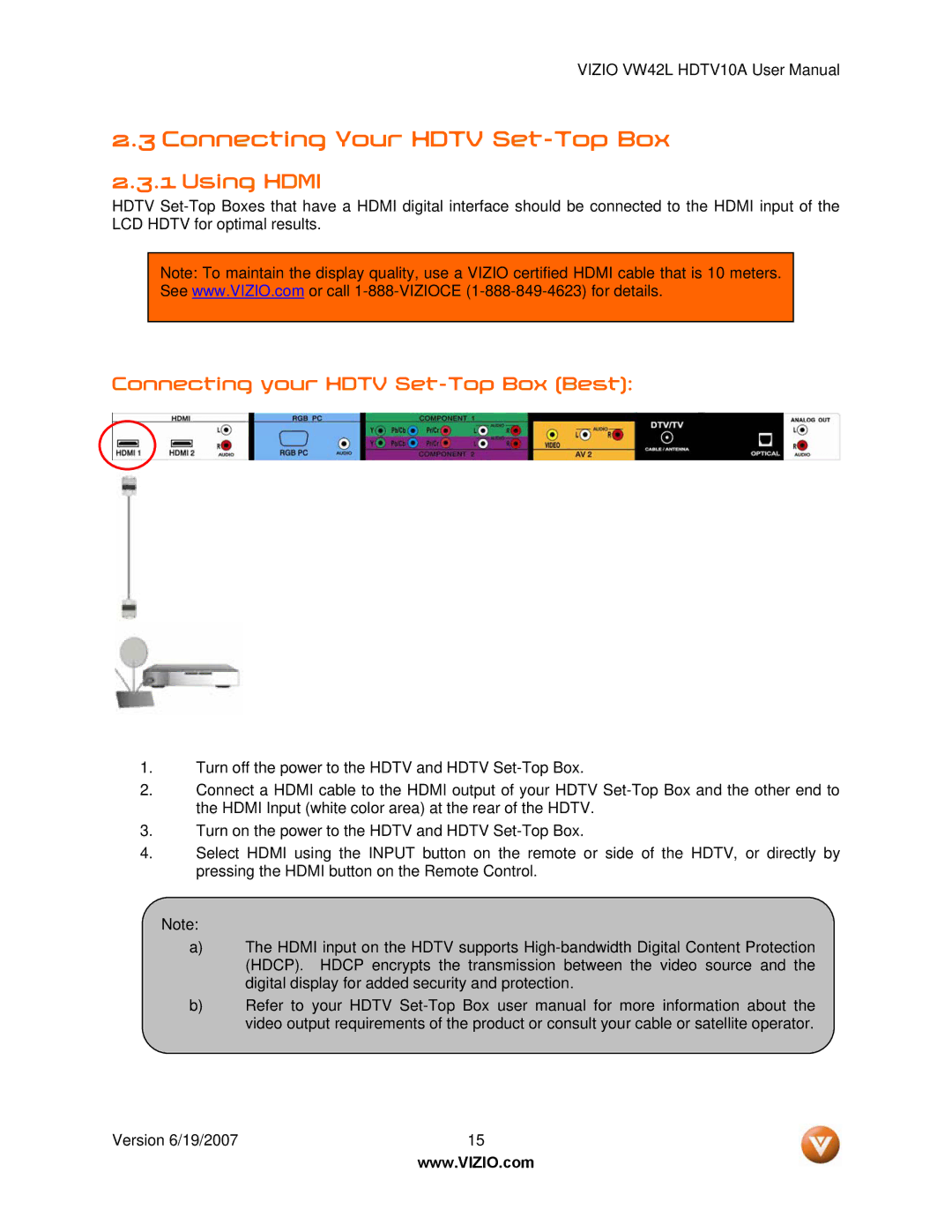 Vizio VW42L manual Connecting Your Hdtv Set-Top Box, Using Hdmi, Connecting your Hdtv Set-Top Box Best 