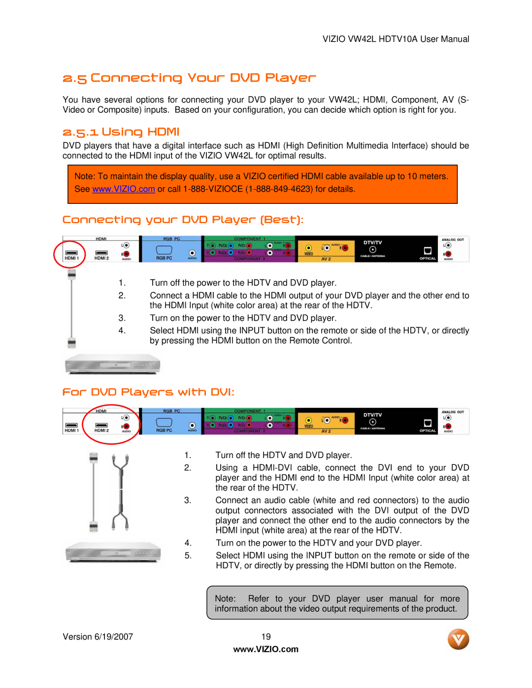 Vizio VW42L manual Connecting Your DVD Player, Connecting your DVD Player Best, For DVD Players with DVI 