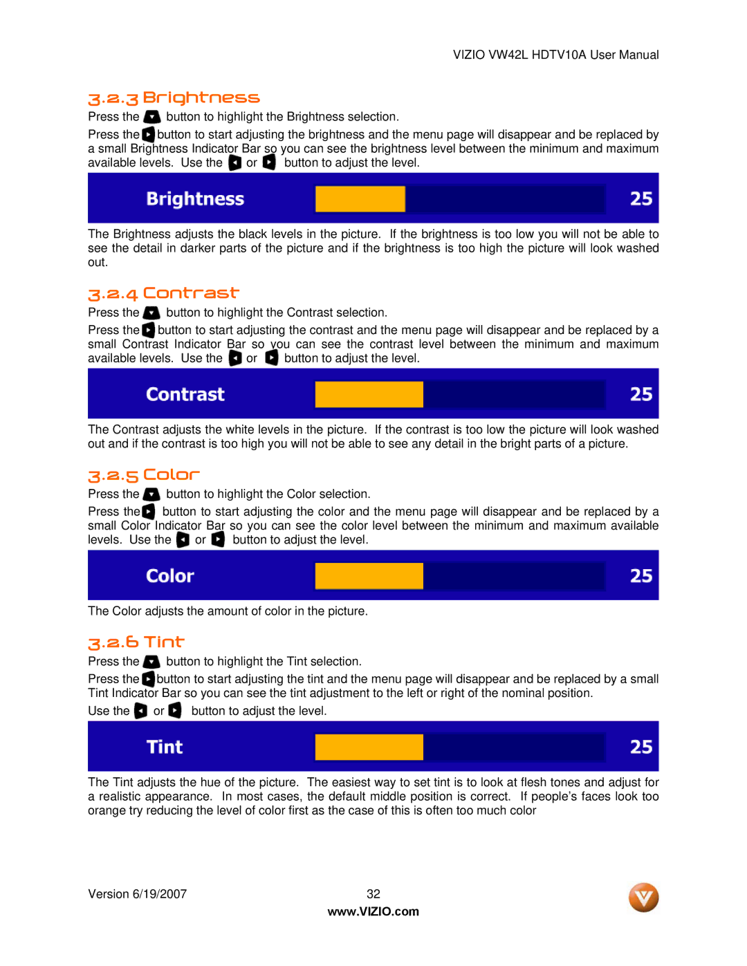 Vizio VW42L manual Brightness, Contrast, Color, Tint 