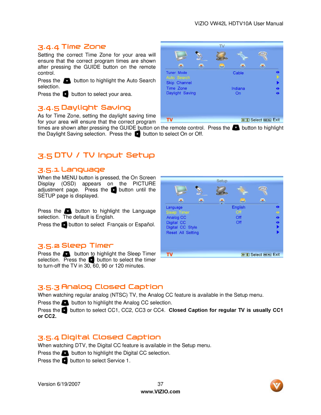 Vizio VW42L manual DTV / TV Input Setup 