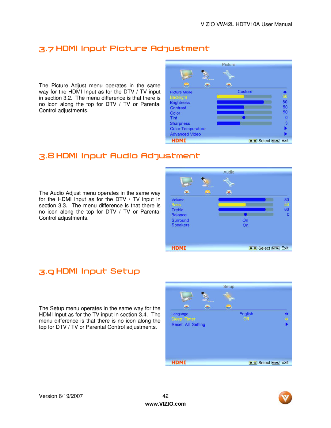 Vizio VW42L manual Hdmi Input Picture Adjustment, Hdmi Input Audio Adjustment, Hdmi Input Setup 