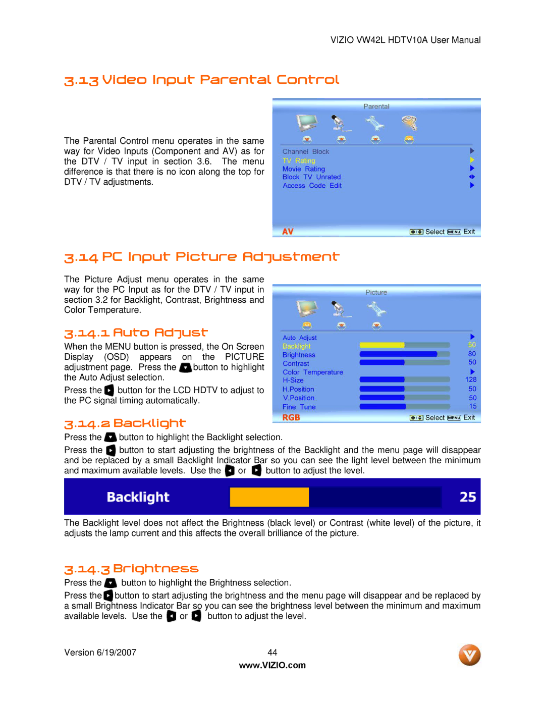 Vizio VW42L manual Video Input Parental Control, PC Input Picture Adjustment, Auto Adjust 