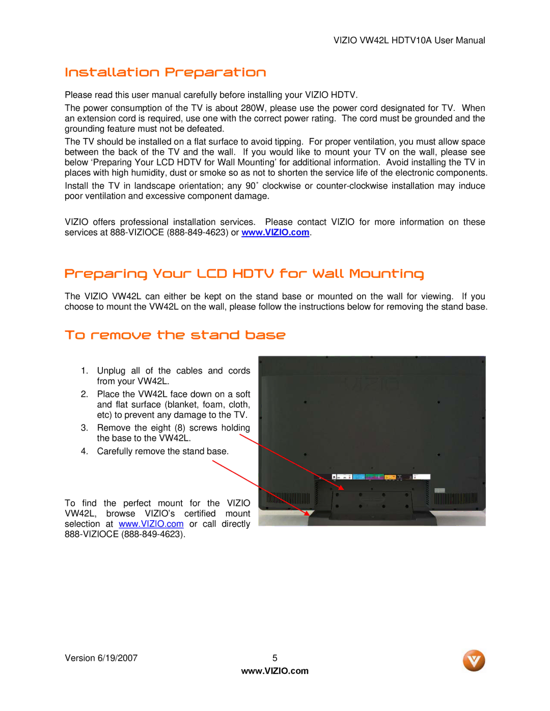 Vizio VW42L manual Installation Preparation, Preparing Your LCD Hdtv for Wall Mounting, To remove the stand base 