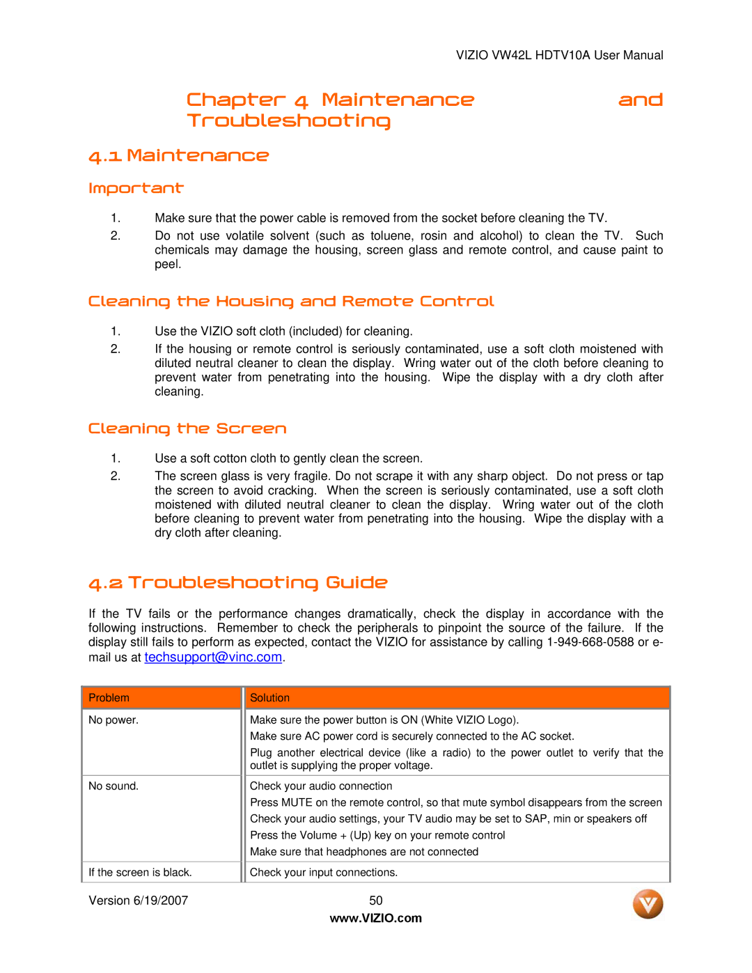 Vizio VW42L manual Maintenance, Troubleshooting Guide, Cleaning the Housing and Remote Control, Cleaning the Screen 