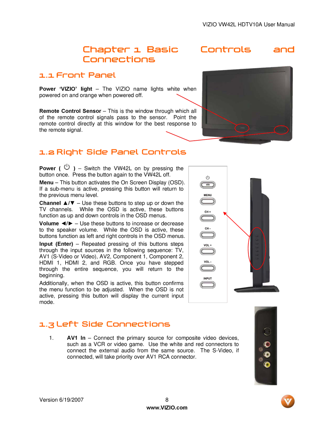 Vizio VW42L manual Front Panel, Right Side Panel Controls, Left Side Connections 