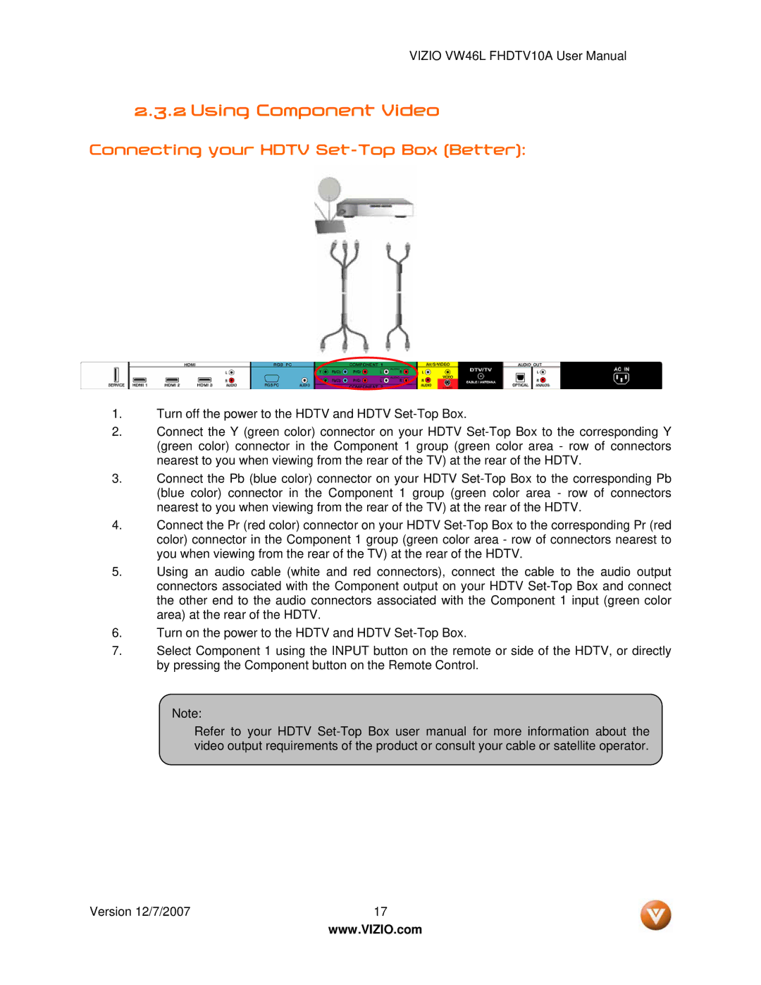 Vizio VW46L manual Using Component Video, Connecting your Hdtv Set-Top Box Better 