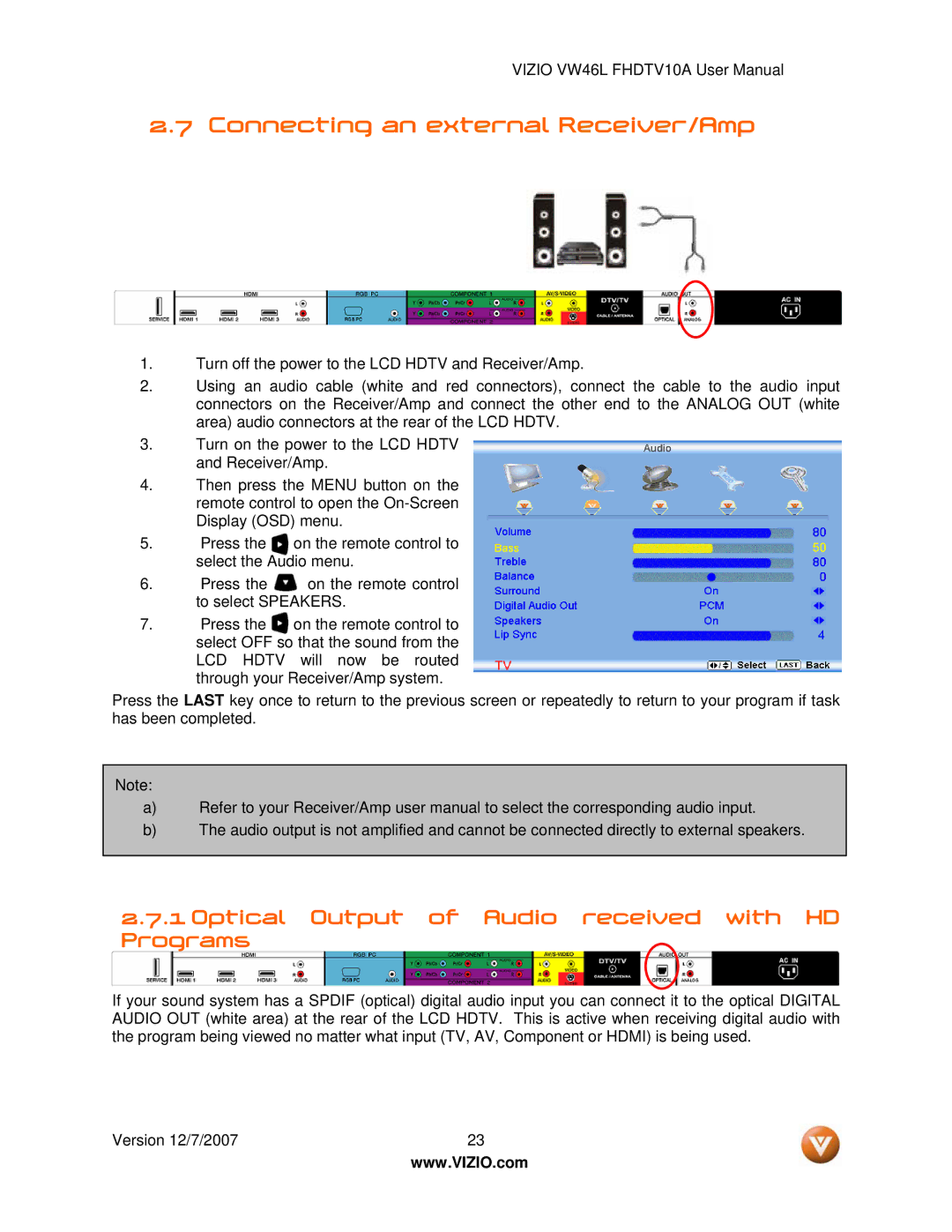 Vizio VW46L manual Connecting an external Receiver/Amp, Optical Output of Audio received with HD Programs 