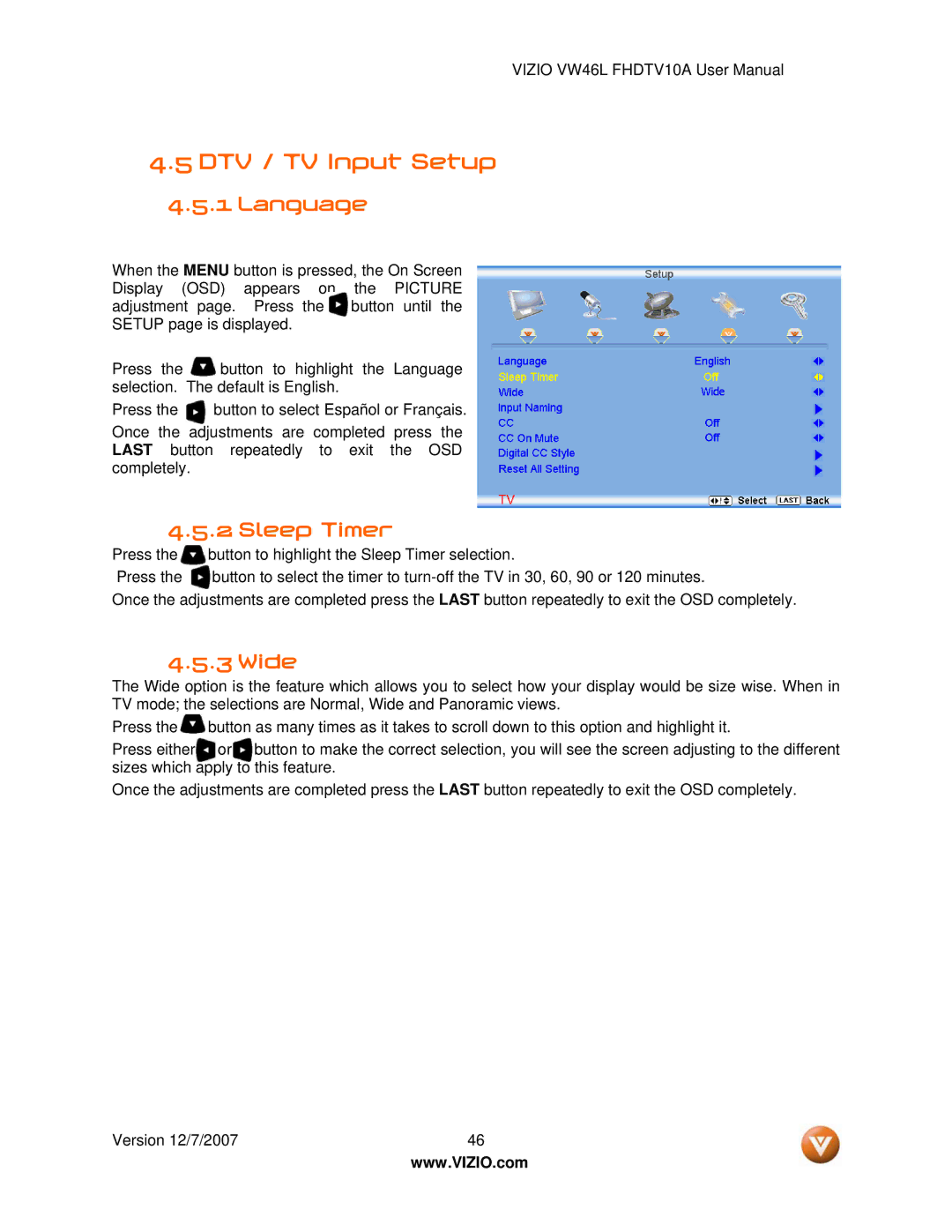 Vizio VW46L manual DTV / TV Input Setup, Language, Sleep Timer, Wide 