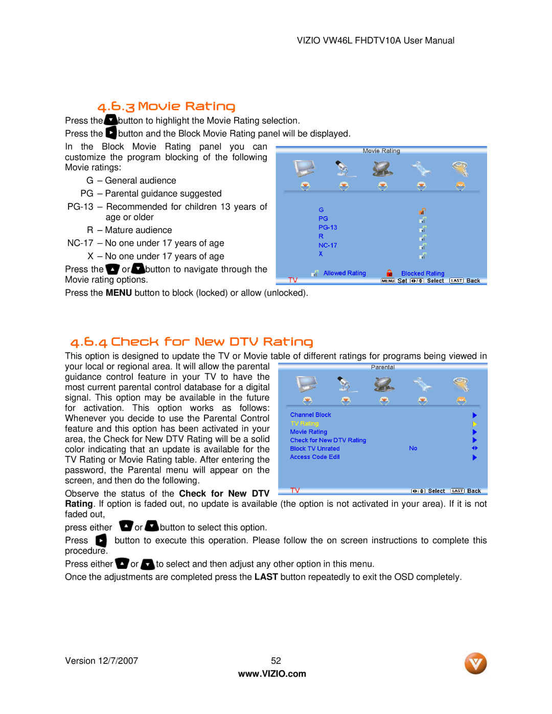 Vizio VW46L manual Movie Rating, Check for New DTV Rating 