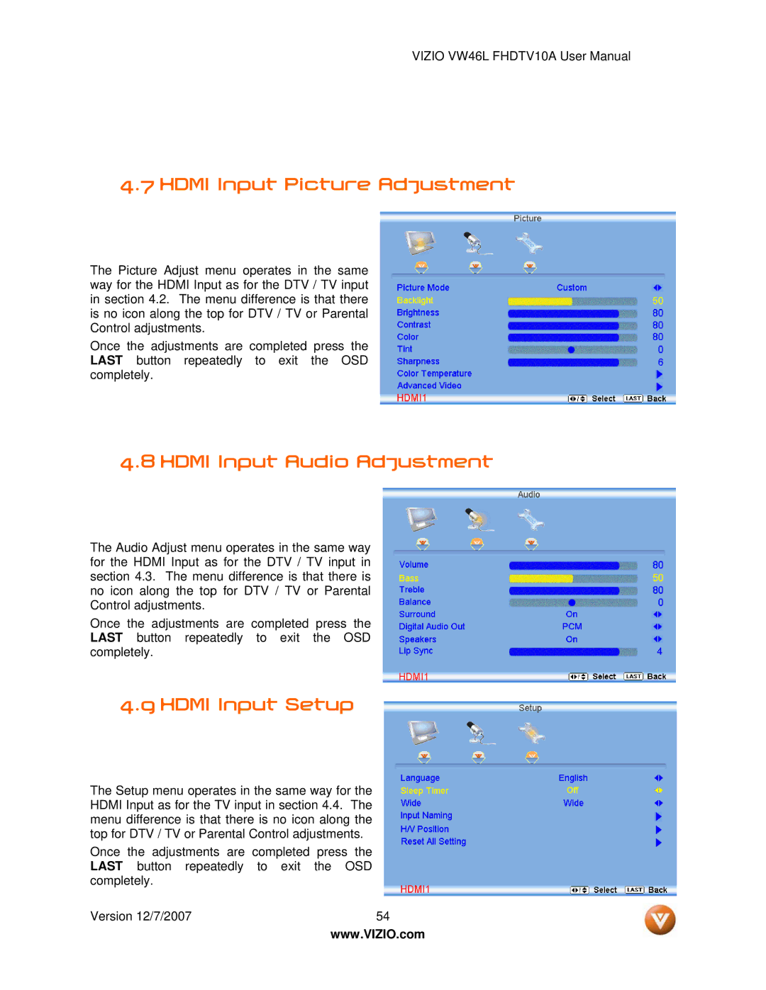 Vizio VW46L manual Hdmi Input Picture Adjustment, Hdmi Input Audio Adjustment, Hdmi Input Setup 