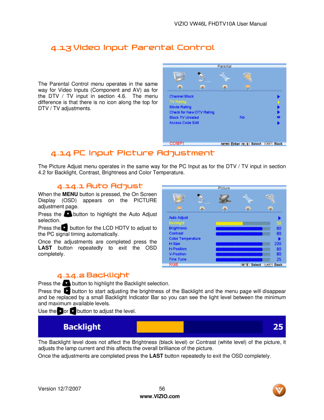 Vizio VW46L manual Video Input Parental Control, PC Input Picture Adjustment, Auto Adjust 