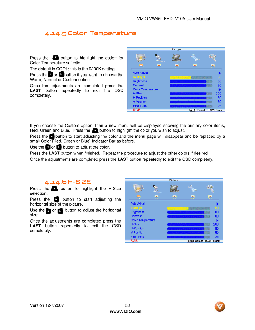 Vizio VW46L manual Color Temperature, Size 