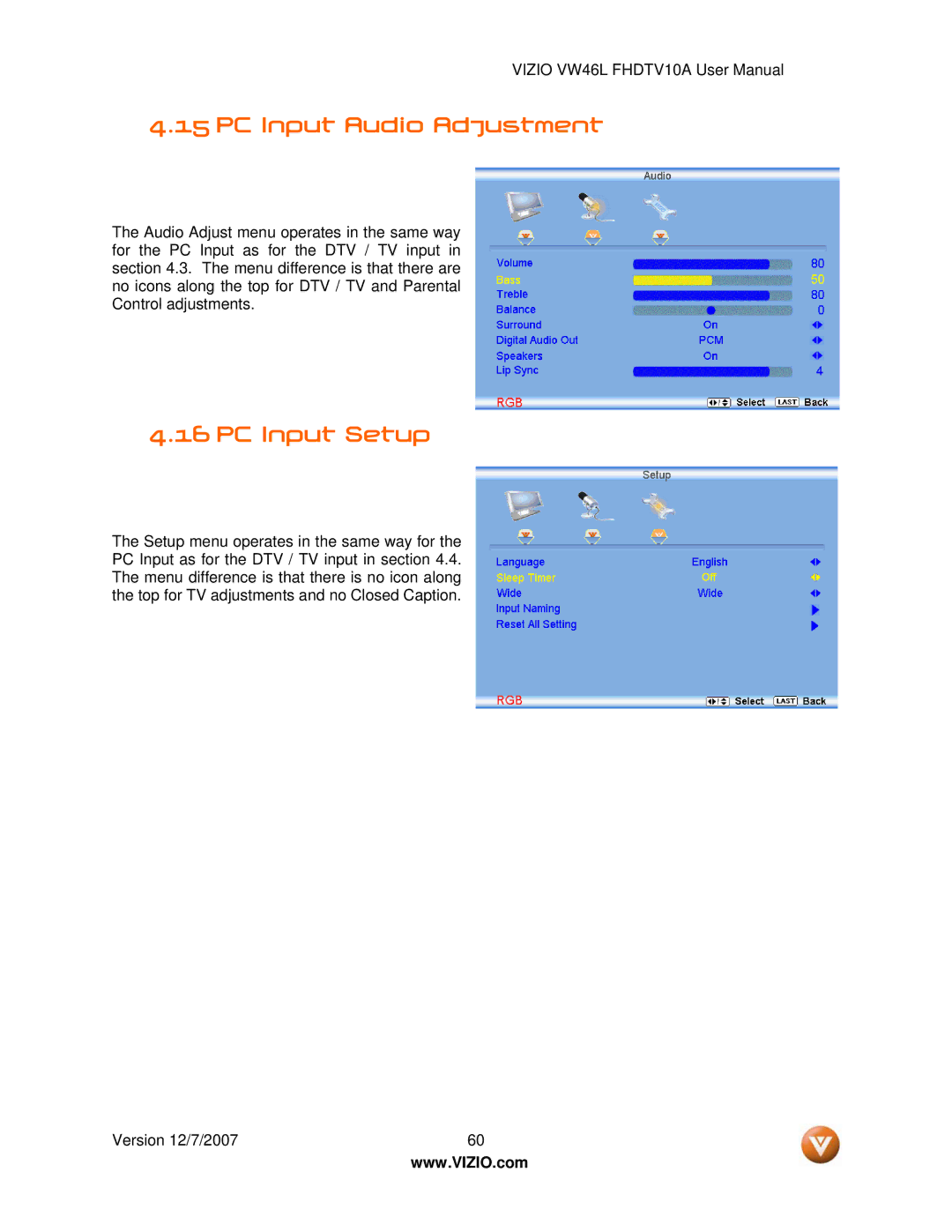 Vizio VW46L manual PC Input Audio Adjustment, PC Input Setup 