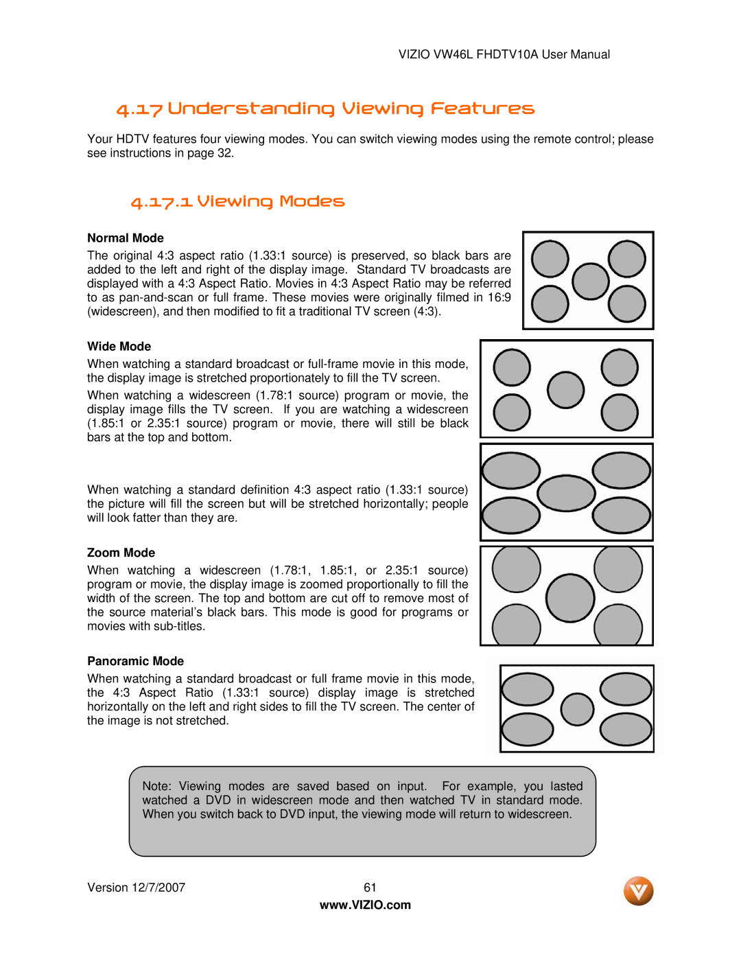 Vizio VW46L manual Understanding Viewing Features, Viewing Modes 