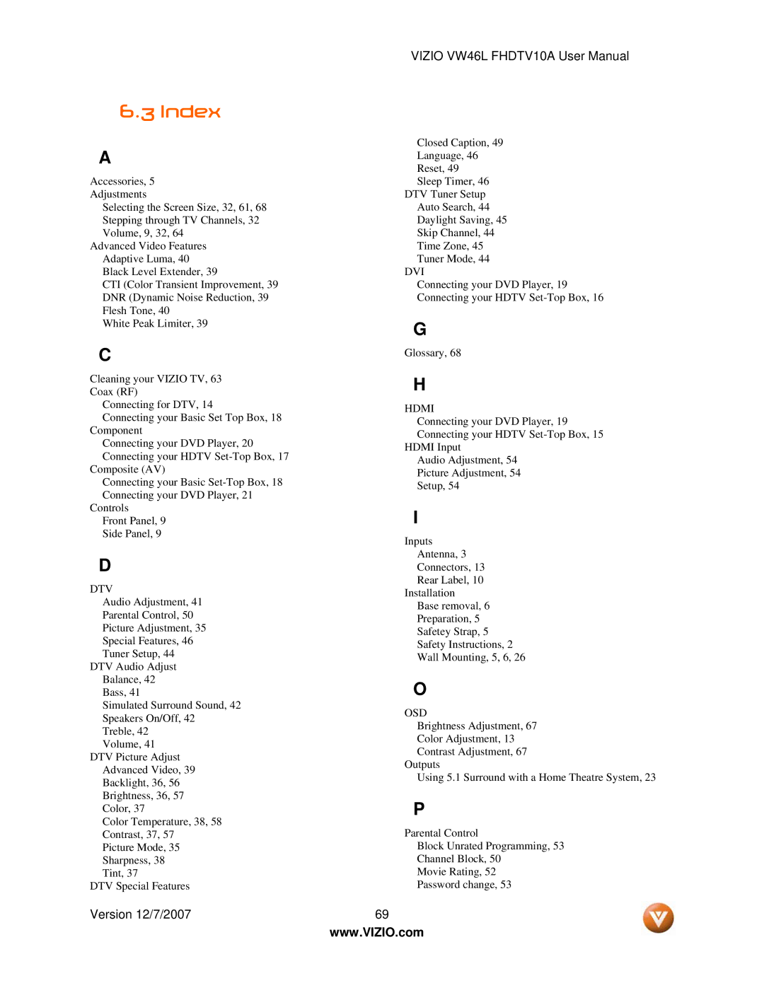 Vizio VW46L manual Index, Dtv 