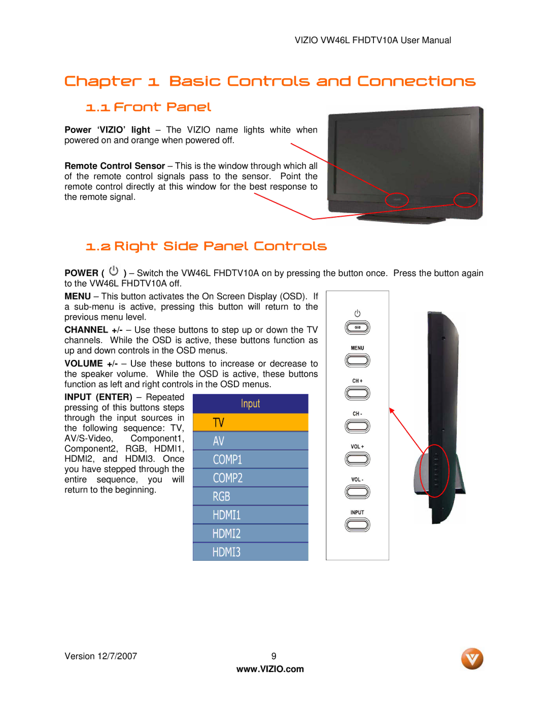 Vizio VW46L manual Front Panel, Right Side Panel Controls 