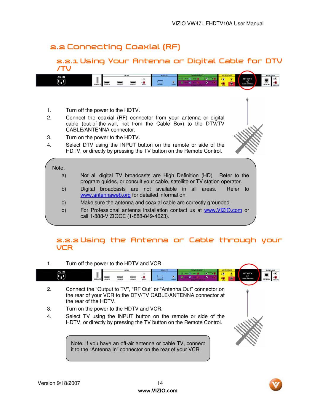 Vizio VW47L FHDTV10A manual Connecting Coaxial RF, Using Your Antenna or Digital Cable for DTV 