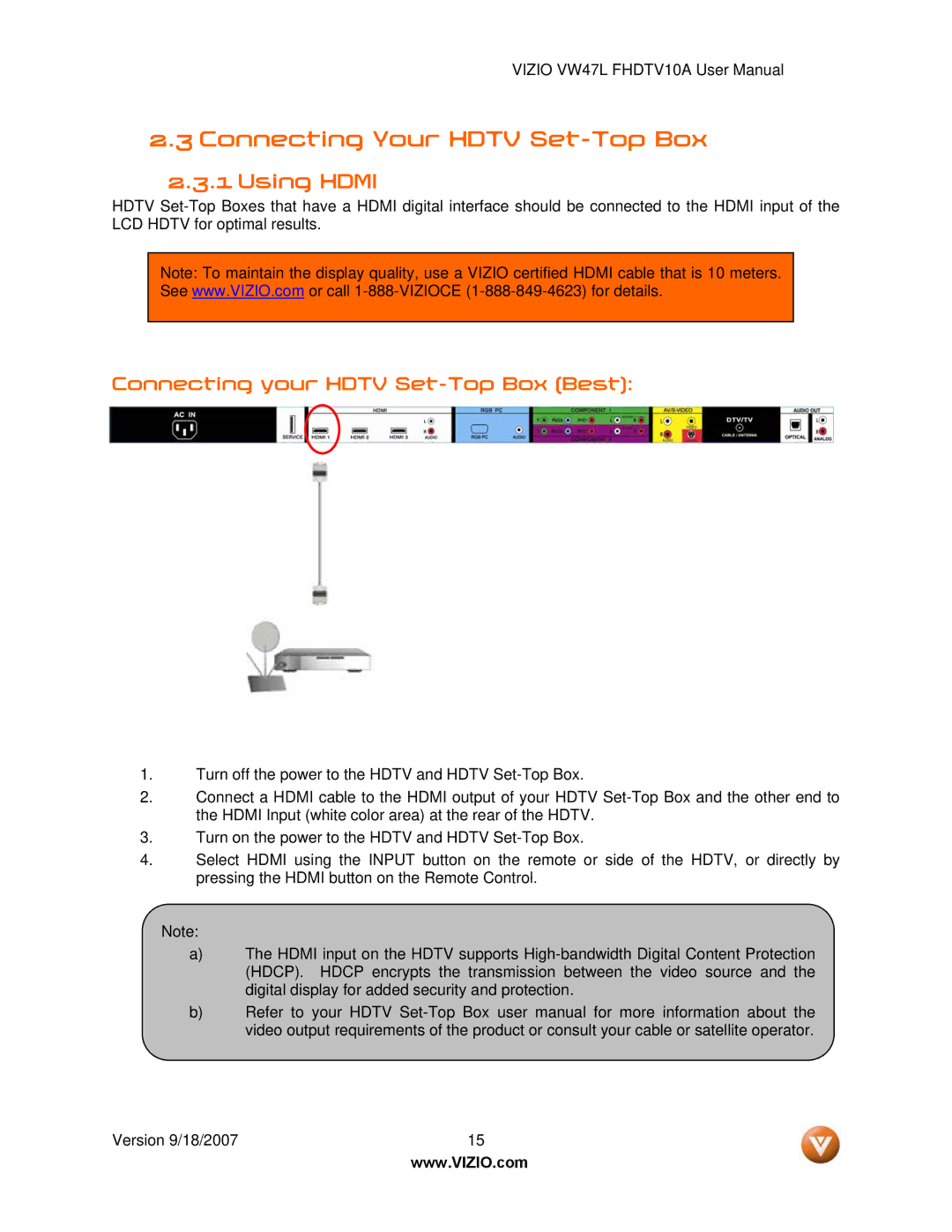 Vizio VW47L FHDTV10A manual Connecting Your Hdtv Set-Top Box, Using Hdmi, Connecting your Hdtv Set-Top Box Best 