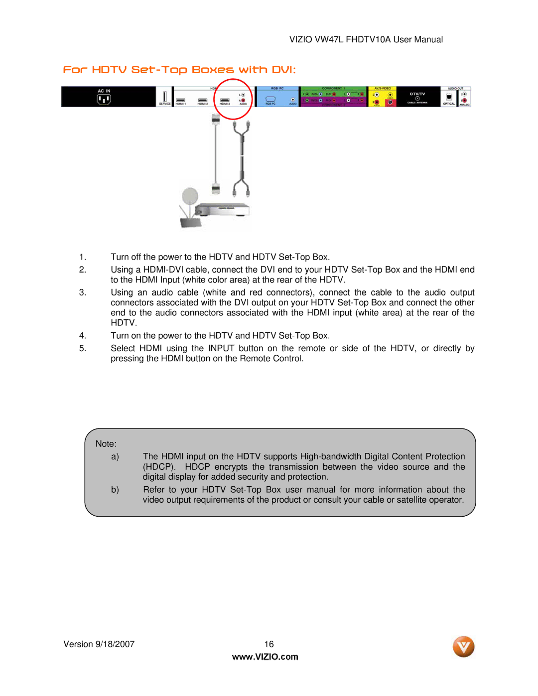 Vizio VW47L FHDTV10A manual For Hdtv Set-Top Boxes with DVI 