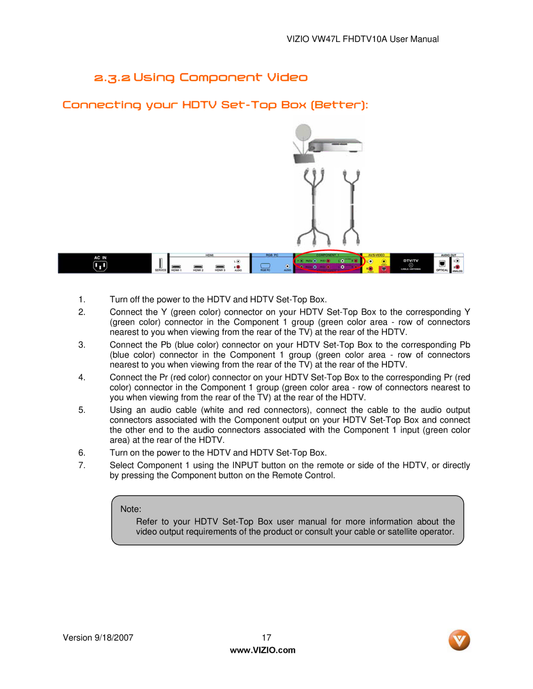 Vizio VW47L FHDTV10A manual Using Component Video, Connecting your Hdtv Set-Top Box Better 