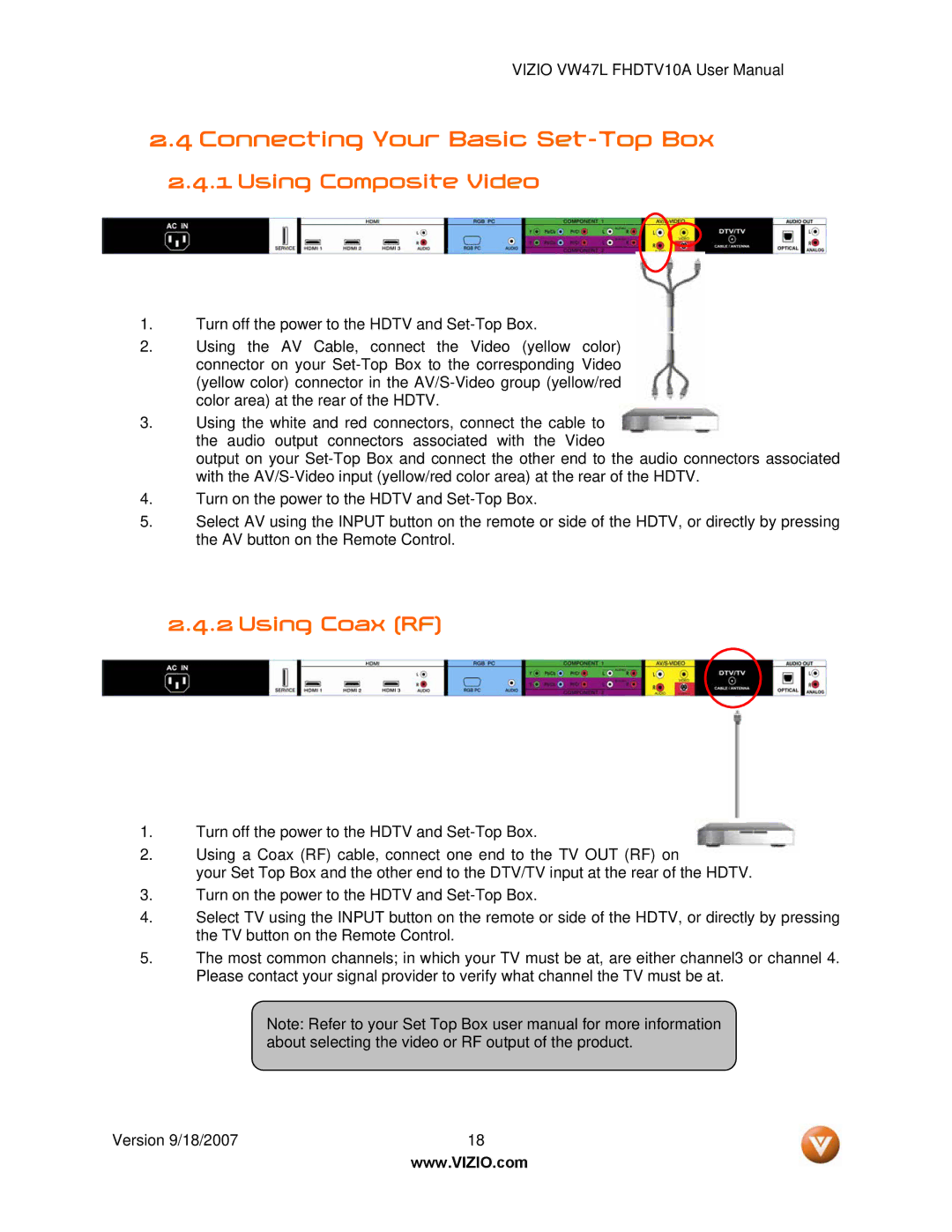 Vizio VW47L FHDTV10A manual Connecting Your Basic Set-Top Box, Using Composite Video, Using Coax RF 