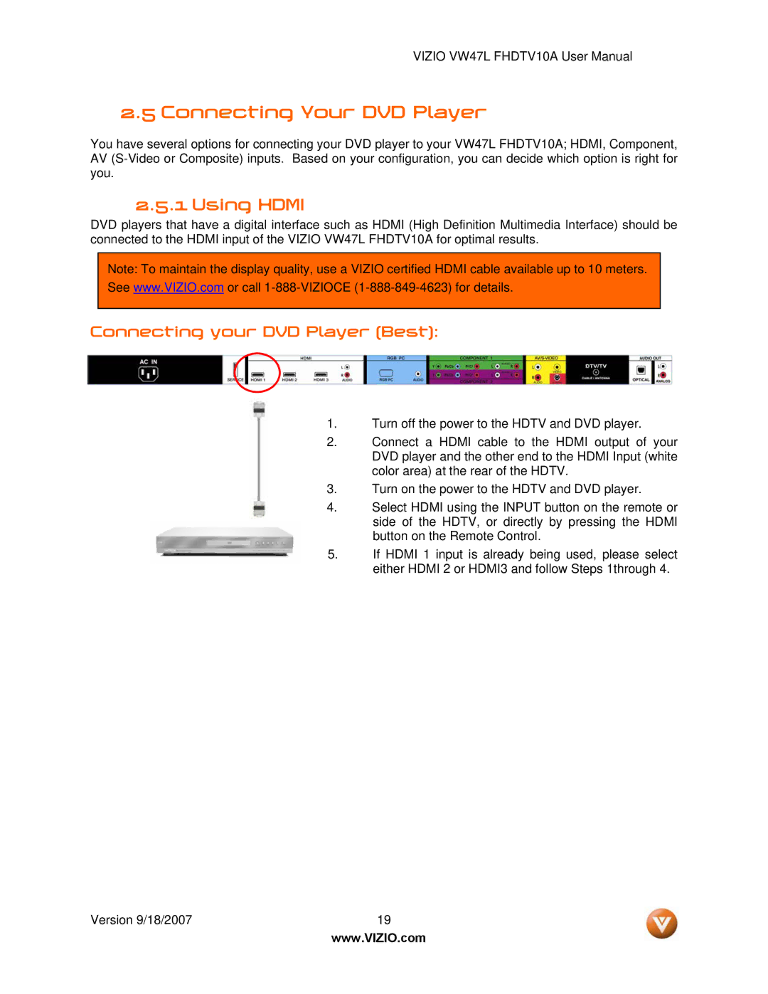 Vizio VW47L FHDTV10A manual Connecting Your DVD Player, Connecting your DVD Player Best 