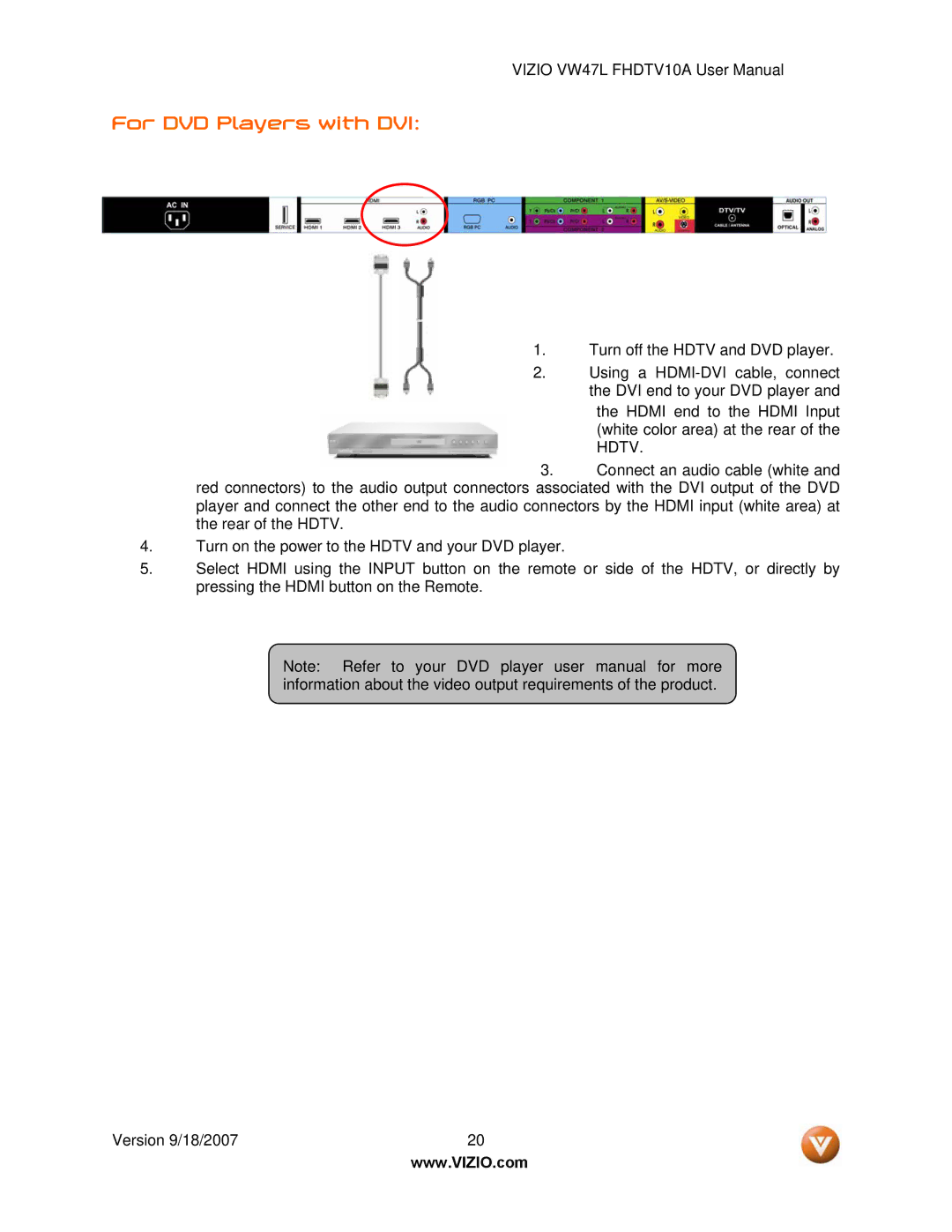 Vizio VW47L FHDTV10A manual For DVD Players with DVI 