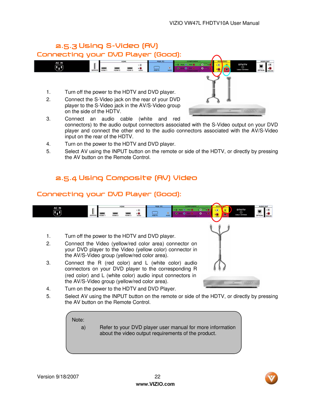 Vizio VW47L FHDTV10A manual Using S-Video AV, Using Composite AV Video, Connecting your DVD Player Good 