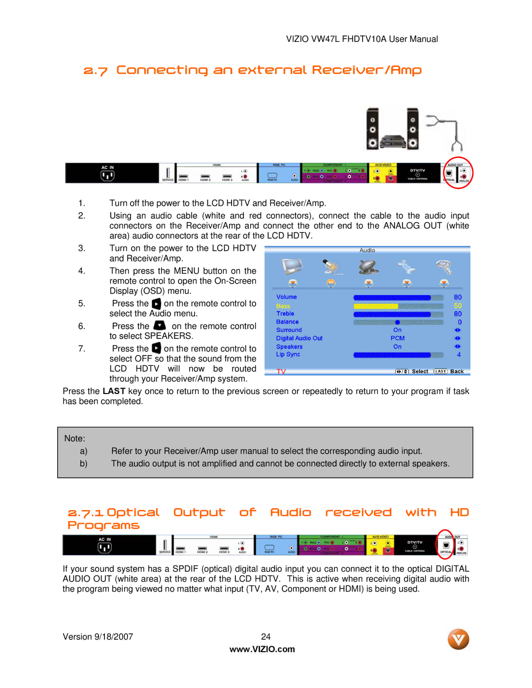 Vizio VW47L FHDTV10A manual Connecting an external Receiver/Amp, Optical Output of Audio received with HD Programs 