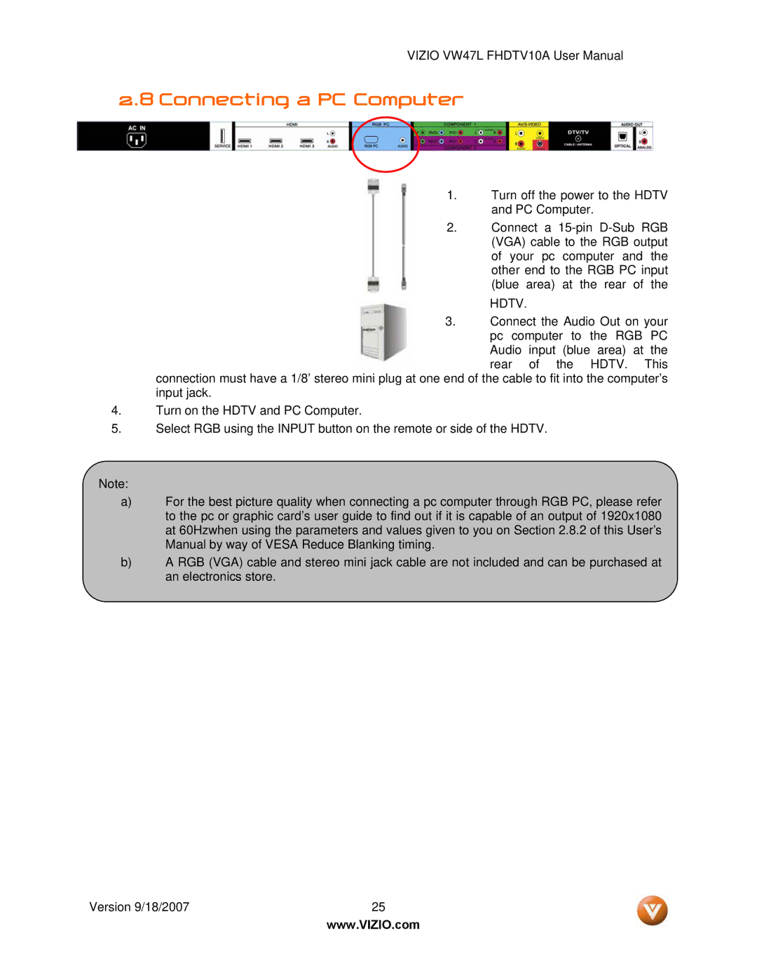 Vizio VW47L FHDTV10A manual Connecting a PC Computer, Hdtv 