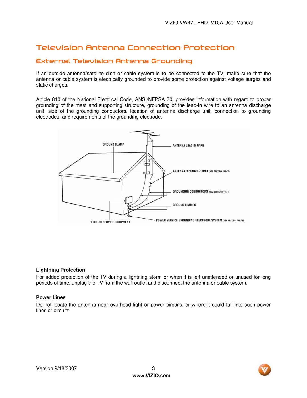 Vizio VW47L FHDTV10A Television Antenna Connection Protection, External Television Antenna Grounding, Lightning Protection 