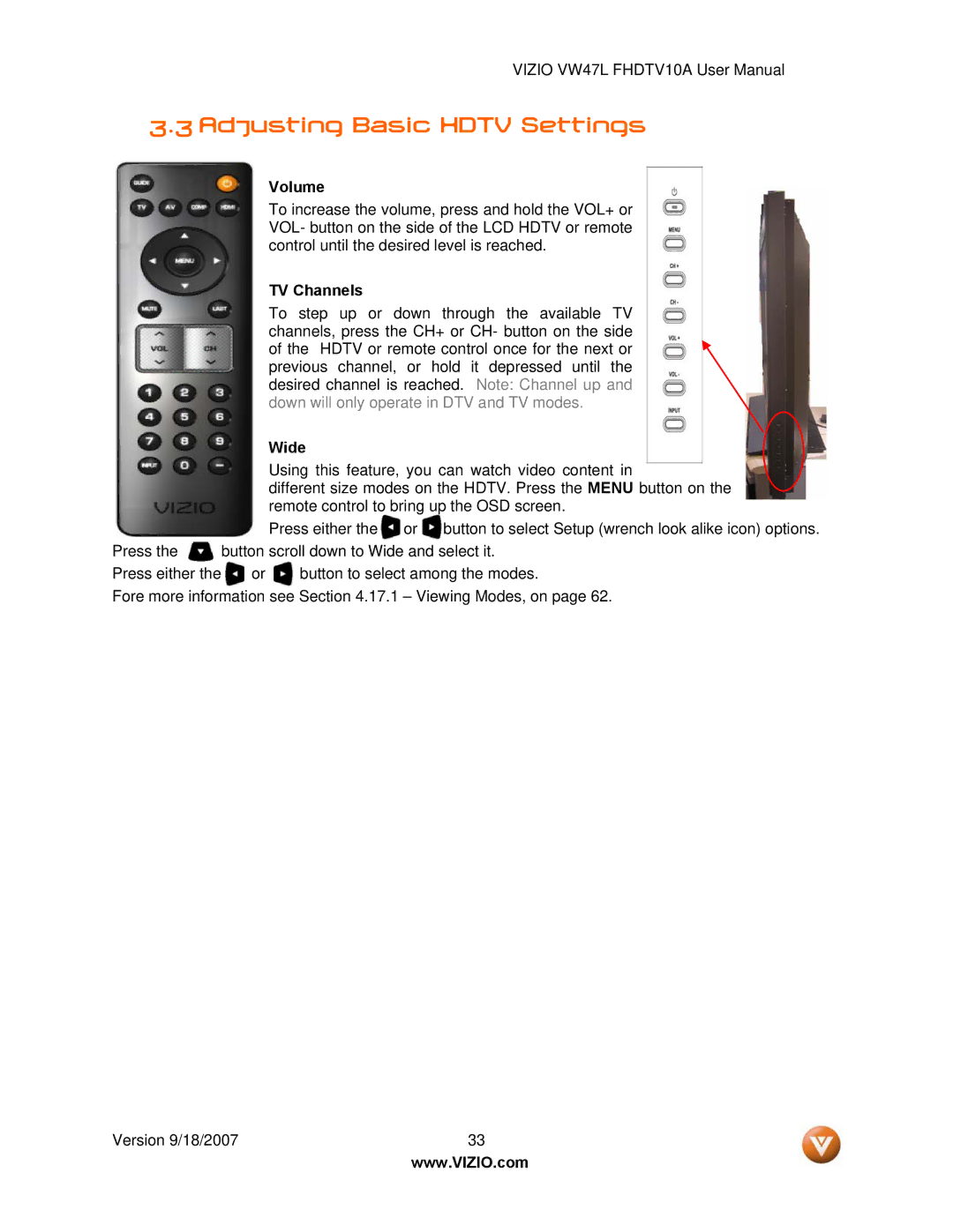 Vizio VW47L FHDTV10A manual Adjusting Basic Hdtv Settings, Volume, TV Channels, Wide 