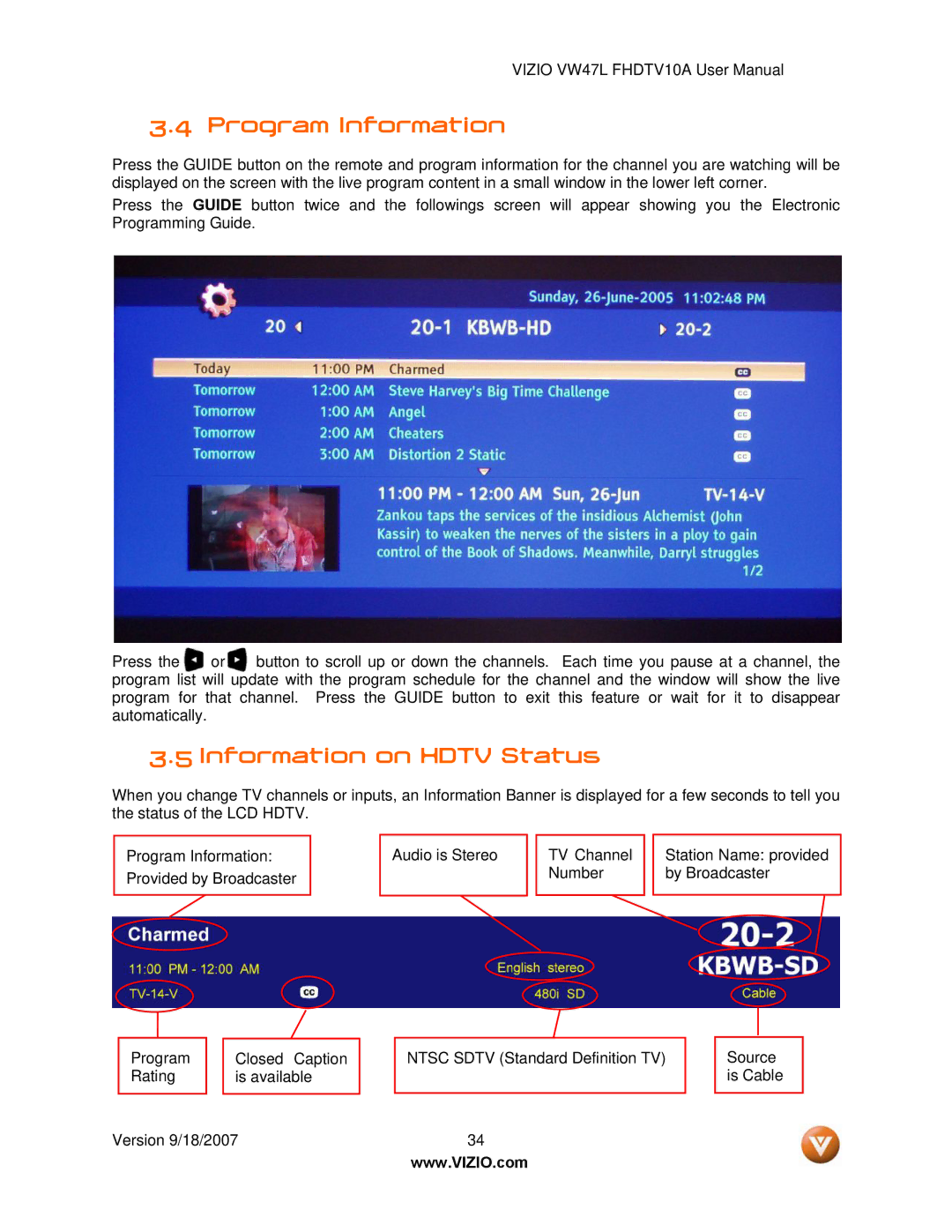 Vizio VW47L FHDTV10A manual Program Information, Information on Hdtv Status 