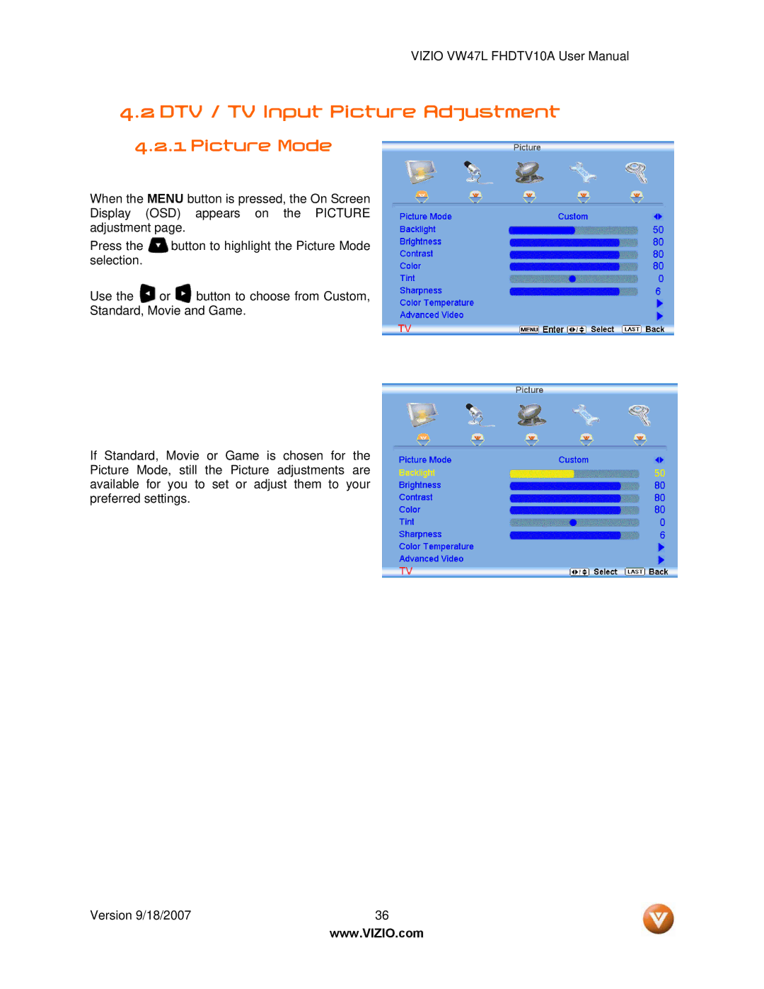 Vizio VW47L FHDTV10A manual DTV / TV Input Picture Adjustment, Picture Mode 