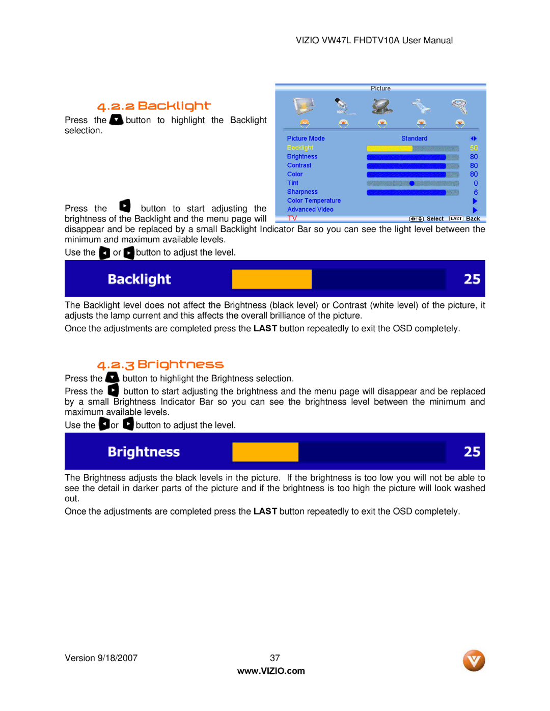 Vizio VW47L FHDTV10A manual Backlight, Brightness 